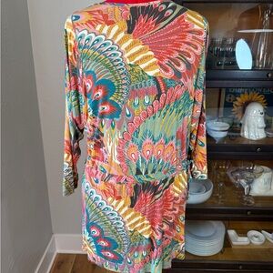Rachel Pally XS Feather Print Modal Mini Dress Multicolor Long Sleeve Boho